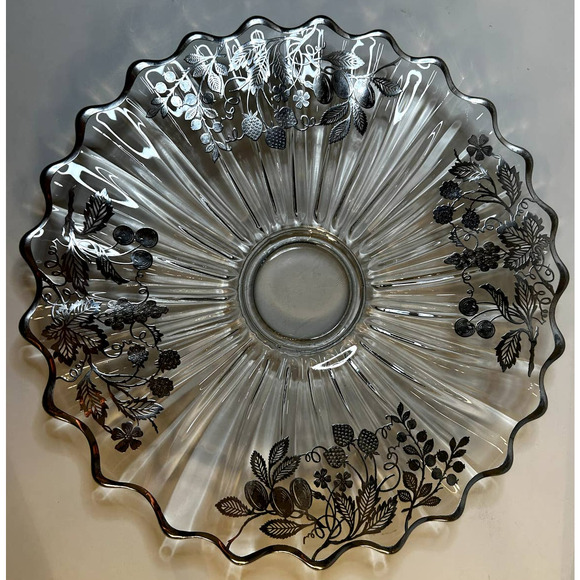 VTG Sterling Silver Overlay Sunburst Round Glass Scalloped Edge 14.5" Platter - Picture 3 of 7